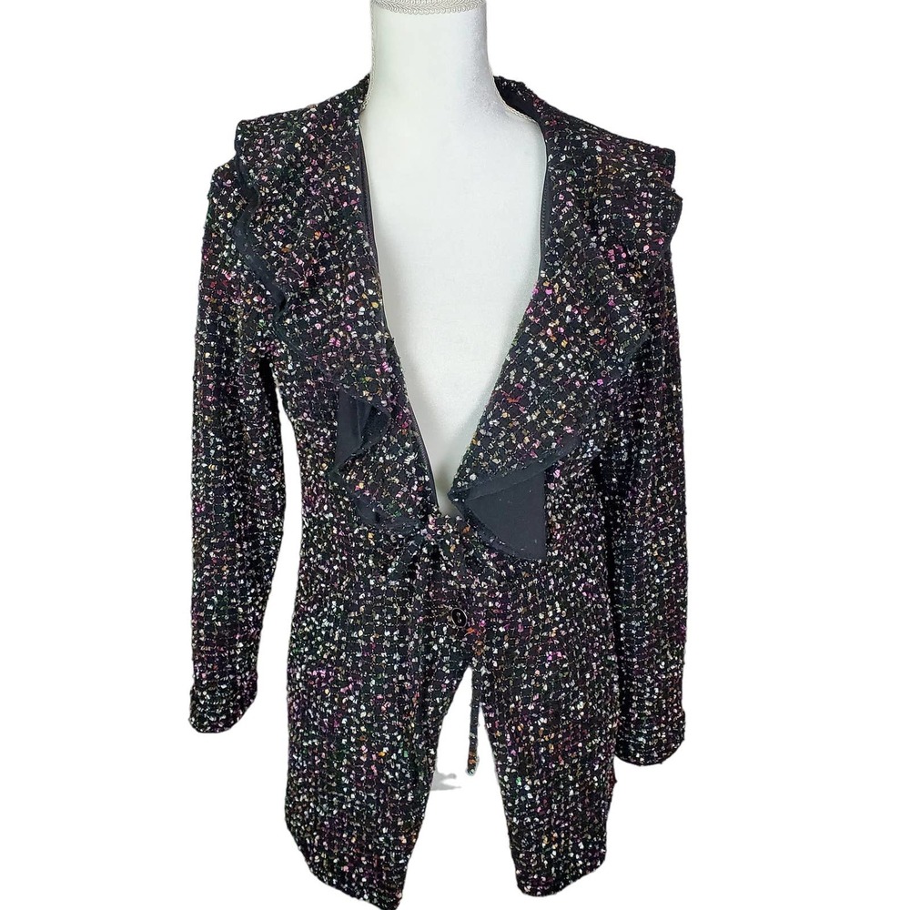 Mischa NWOT Black w/Multicolor Dots Ruffle Collar Tie Front Knit Jacket PM